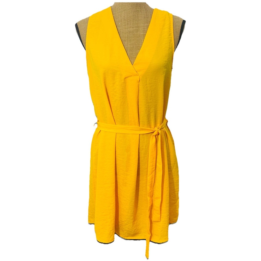 Haute Monde Sleeveless Dress Large Yellow V-Neck Tie Waist Crepe Sundress